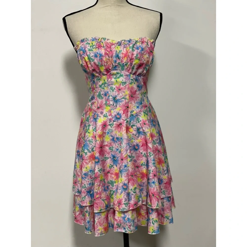 Shein Strapless Floral Mini Dress Pink Size L - Picture 3 of 13